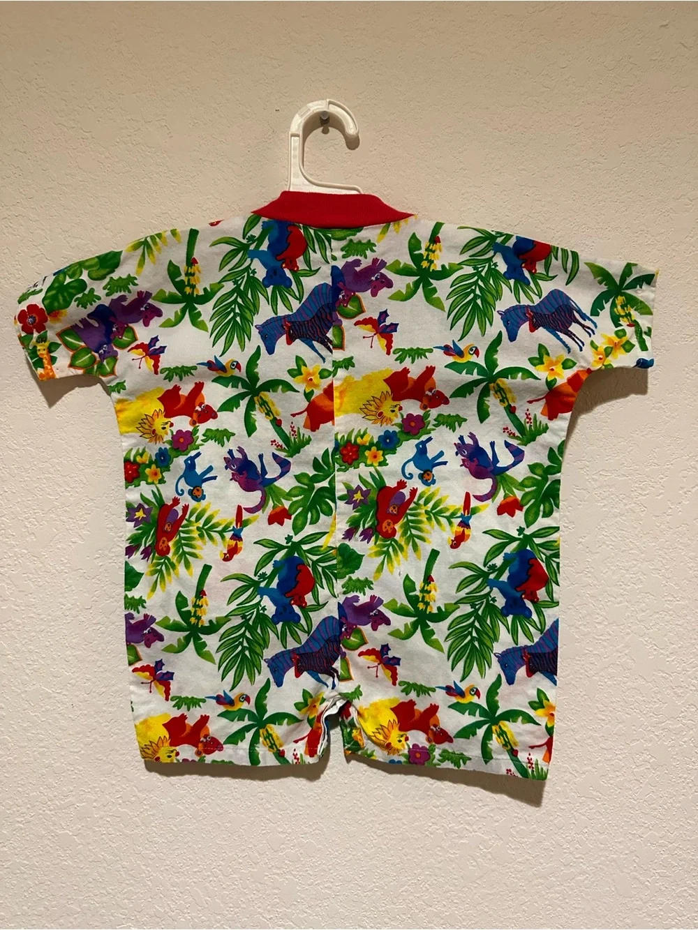 Vintage 1987 Flap Happy Jungle Animals Short Sleeve Button Romper - Red Trim